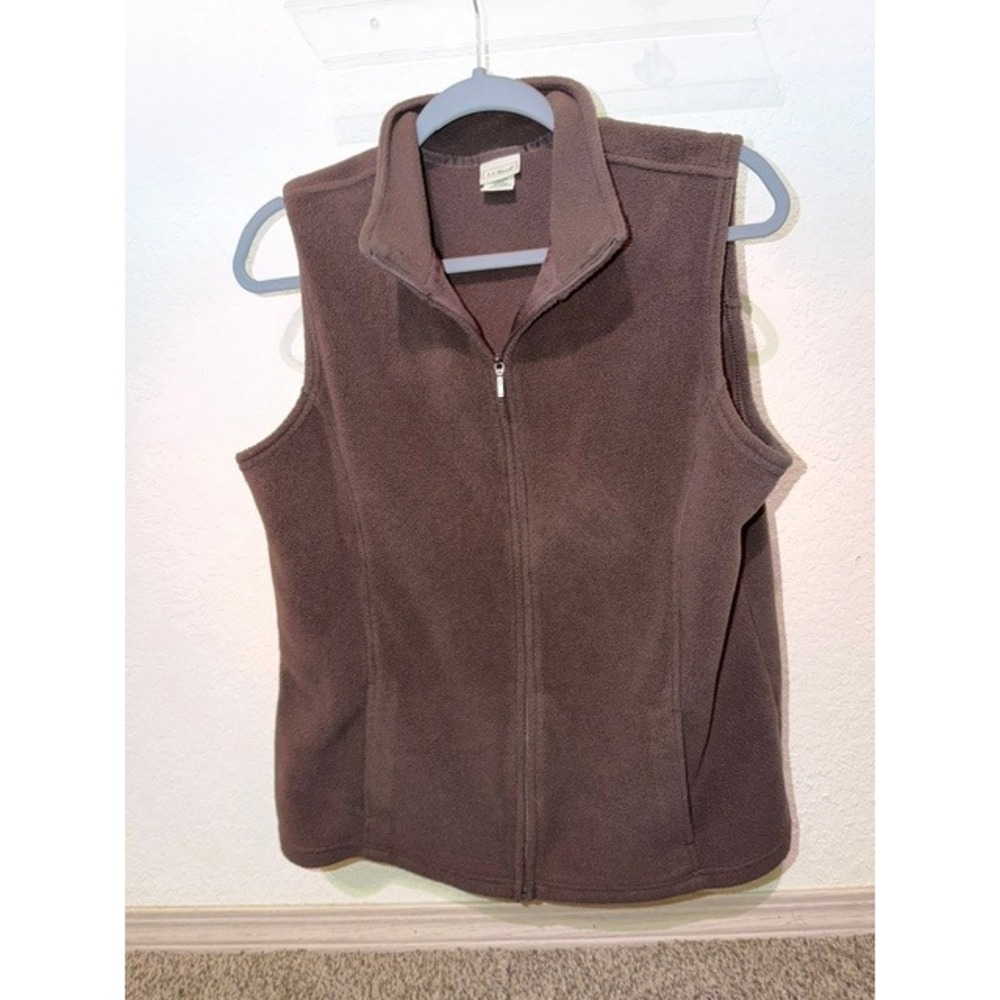 LL Bean Womens Fleece Vest Brown Full Zip Mock Neck Sleeveless Jacket L 259068